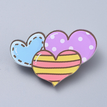 Acrylic Safety Brooches, with Iron Pin, Three Colorful Hearts, Colorful, 30x46x7mm, Pin: 0.8mm