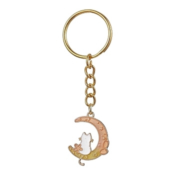Moon with Rabbit Alloy Enamel Pendant Keychain, with Iron Split Key Rings, Cat Shape, 8cm.
