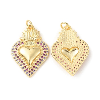 Rack Plating Brass Micro Pave Cubic Zirconia Pendants, Cadmium Free & Lead Free, Long-Lasting Plated, with Jump Ring, Sacred Heart Charm, Real 18K Gold Plated, 27x18.5x3mm, Hole: 3.2mm