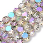 Electroplate Glass Beads Strands, Flat Round, Half Rianbow Plated, Faceted, Medium Purple, 8x5mm, Hole: 1.4mm, about 79pcs/strand, 23.31 inch(59.2cm)(EGLA-C010-01A-HR02)