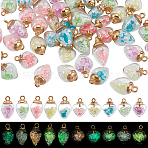 80Pcs 10 Styles Luminous Glass Pendant, with Golden Alloy Findings, Glow In The Dark Charms, Teardrop & Heart Charm, Mixed Color, 20~25x14~15x9~15mm, Hole: 2mm, 8pcs/style(GLAA-ME0001-27)