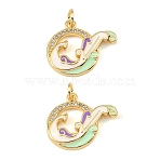 Brass Micro Pave Clear Cubic Zirconia Pendants, with Enamel, Flat Round with Wave Charms, Colorful, Golden, 17x20x3mm, Hole: 3mm(CU-CBA9175-14G)