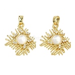 Brass Micro Pave Clear Cubic Zirconia Pendants, with Cat Eye, Rhombus Mesh Charms, Rack Plating, Long-Lasting Plated, Real 18K Gold Plated, 19x17x3.5mm, Hole: 3.5x2.5mm(KK-A294-09G)