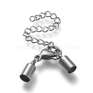 304 Stainless Steel Chain Extender, with Cord Ends, Curb Chains and Lobster Claw Clasps, Stainless Steel Color, 35mm long, Cord Ends: 9.5x4.5mm, 4mm inner diameter(STAS-K195-22P-03)