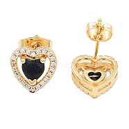 Cubic Zirconia Heart Stud Earrings, Golden Brass Jewelry for Women, Nickel Free, Black, 10x10.5mm, Pin: 0.7mm(EJEW-N011-59C)