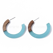 Resin & Walnut Wood Stud Earring Findings, Half Hoop Earrings, Imitation Gemstone, with 304 Stainless Steel Pin, Dark Turquoise, 35x35x4mm, Pin: 0.7mm(RESI-R425-01-A01)