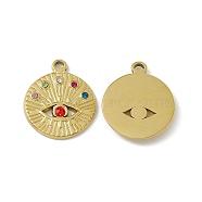 Vacuum Plating 201 Stainless Steel Pendants, Colorful Rhinestone Flat Round with Eye Pattern Charms, Real 18K Gold Plated, 22x18.5x2mm, Hole: 1.6mm(STAS-J401-VC546)