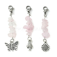 Natural Rose Quartz Chip Pendant Decorations, with Lobster Claw Clasps and Tibetan Style Alloy Charms, Butterfly/Mushroom/Sunflower, Antique Silver & Stainless Steel Color, 50~53mm, 3pca/set(HJEW-JM01264)