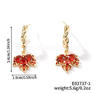 Cute Luxe Maple Leaf Sparkly Brass Stud Earrings for All Occasions, with Rhinestone, Red, 34x15mm(QV1797-1)