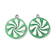 Resin Pendants, Peppermint Candy Charms, with Platinum Plated Iron Peg Bail, Flat Round, Green, 30x26x3mm, Hole: 2mm(RESI-K011-01D)