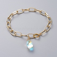 AB Color Half Electroplated Glass Anklets, with Aluminium Cable Chains/Paperclip Chains and Brass Spring Ring Clasps, Teardrop, Golden, 9-7/8 inch(25cm)(AJEW-AN00283)