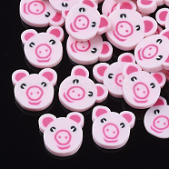 Handmade Polymer Clay Cabochons, Cartoon Piggy Head, Pink, 10~11x9~11x1.5~2mm(X-CLAY-S091-020B)