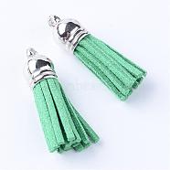 Faux Suede Tassel Pendant Decorations, with CCB Plastic Cord Ends, Platinum, Medium Sea Green, 35~37x10mm, Hole: 1.8mm(FIND-T002-A22)