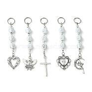 Round with Cross Plating Acrylic Beaded Pendant Decorations, with Heart/Angle/Cross/Moon Alloy Charms, Antique Silver, 72~82mm(HJEW-JM01250)