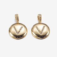 Brass Pendants, with Cubic Zirconia, Cadmium Free & Lead Free, Flat Round with Letter, Golden, Letter.V, 22mm, Hole: 2x3mm, Pendant: 15x3mm(KK-K194-V-G-RS)
