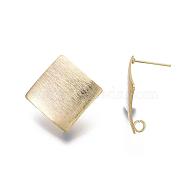 Brass Stud Earring Findings, with Loop, Nickel Free, Textured, Square, Real 18K Gold Plated, 25x25mm, Hole: 2mm, Pin: 0.7mm(KK-N233-020-NF)