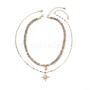 Star & Moon Pendant Necklaces Sets for Women, Natural Labradorite Beads Necklaces, Brass Micro Pave Cubic Zirconia Pendant Necklaces, 15.16~18.7 inch(38.5~47.5cm), 2pcs/set(NJEW-JN04126)
