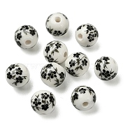 Handmade Printed Porcelain Round Beads, with Flower Pattern, Black, 10mm, Hole: 2mm(PORC-YW0001-05E)