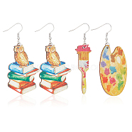 2 Pair 2 Style Book & Brush & Palette Single Face Printed Wood Dangle Earrings, Iron Asymmetrical Earrings for Women, Mixed Color, 71.5~74.5mm, Pin: 0.5mm, 1 Pair/style(EJEW-AN0002-74)