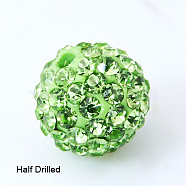 Polymer Clay Rhinestone Beads, Pave Disco Ball Beads, Grade A, Round, Half Drilled, Peridot, 10mm, Hole: 1mm(X-RB-H258-HD10mm-214)
