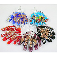 Handmade Silver Foil Glass Big Pendants, with Gold Sand, Palm, Mixed Color, about 57~62mm long, 48~52mm long, 5~7mm thick, hole:7mm(X-SLSP165)