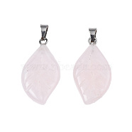 Natural Rose Quartz Pendants, Leaf Charm, with Stainless Steel Color Tone Stainless Steel Findings, 29x15x4.5mm, Hole: 2.5x5mm(G-S364-076A-03)