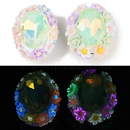 Handmade Luminous Polymer Clay Glass Rhinestone Beads, with Acrylic, Oval with Flower, Pale Green, 25.5~26x21.5~22x17mm, Hole: 2mm(CLAY-H003-05D)