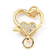 Brass Micro Pave Clear Cubic Zirconia Heart Lobster Claw Clasps, with Double Jump Rings, Cadmium Free & Lead Free, Real 18K Gold Plated, 21mm, Hole: 3.5mm(KK-G416-35G)