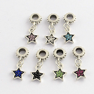 Alloy Rhinestone European Dangle Charms, Star, Antique Silver, Mixed Color, 24mm, Hole: 4mm(MPDL-R036-53)