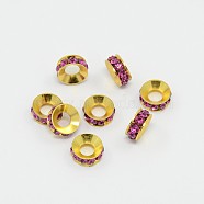 Brass Rhinestone Spacer Beads, Grade A, Rondelle, Golden Metal Color, Fuchsia, 9x4mm, Hole: 4mm(RB-A020-9mm-24G)