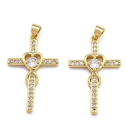 Brass Micro Pave Clear Cubic Zirconia Pendants, Long-Lasting Plated, Cross, Real 18K Gold Plated, 33x21x4mm, Hole: 3x3.5mm(ZIRC-J025-48G)