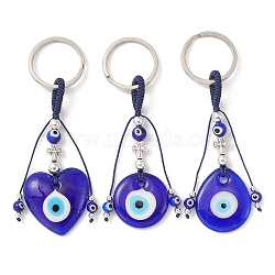 Handmade Lampwork Turkish Blue Evil Eye Pendant Keychain, with Iron Split Key Rings, Heart & Flat Round & Teardrop, Mixed Shapes, 10.6~11.2cm(KEYC-JKC00497)