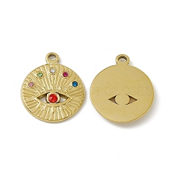 Vacuum Plating 201 Stainless Steel Pendants, Colorful Rhinestone Flat Round with Eye Pattern Charms, Real 18K Gold Plated, 22x18.5x2mm, Hole: 1.6mm(STAS-J401-VC546)
