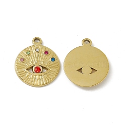 PVD Vacuum Plating 201 Stainless Steel Pendants, Colorful Rhinestone Flat Round with Eye Pattern Charms, Real 18K Gold Plated, 22x18.5x2mm, Hole: 1.6mm(STAS-J401-VC546)