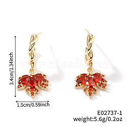 Cute Luxe Maple Leaf Sparkly Brass Stud Earrings for All Occasions, with Rhinestone, Red, 34x15mm(QV1797-1)