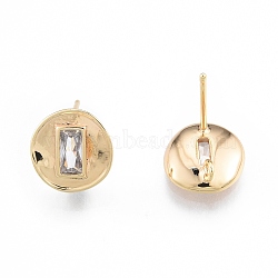 Brass Micro Pave Cubic Zirconia Stud Earring Finding, with Vertical Loops, Nickel Free, Flat Round with Rectangle, Real 18K Gold Plated, 11mm, Hole: 1.4mm, Pin: 0.8mm(KK-F841-13G)