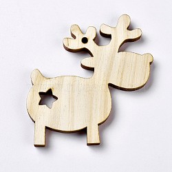 Pine Wood Big Pendants, Undyed, Christmas Reindeer/Stag/Stag, PapayaWhip, 72x65x5.5mm, Hole: 3mm(X-WOOD-P013-17)
