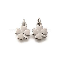 Brass Charms, Four Leaf Clover, Rack Plating, Lasting Plated, Cadmium Free & Lead Free, with Jump Ring, Platinum, 8.5x8x1.5mm, Hole: 2mm(KK-I275-15P-01)