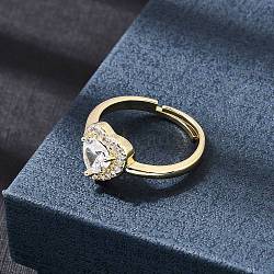 Brass Micro Pave Clear Cubic Zirconia Cuff Open Rings, Heart, Golden, US Size 6(16.5mm)(CU-CBA5C10-01G)
