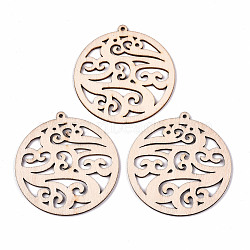 Undyed Natural Wooden Big Pendants, Laser Cut Shapes, Flat Round with Cloud, Antique White, 63.5x59.5x2mm, Hole: 2mm(X-WOOD-N007-102)