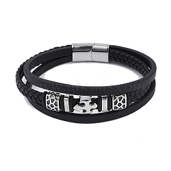 Braided Microfiber Leather Multi-strand Bracelets, 304 Stainless Steel Viking Cross Bracelets for Men, Antique Silver, 8-5/8x7/8 inch(22x2.3cm)(BJEW-B096-04C)