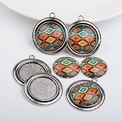 Flat Round Alloy Pendant Cabochon Bezel Settings and Geometric Flower Printed Glass Cabochons, Antique Silver, Colorful, Settings: Tray: 25mm, 40x35x2mm, Hole: 3mm, Cabochons: 25x7mm(TIBEP-X0171-01)