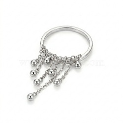 304 Stainless Steel Round Bead Tassel Finger Rings, Stainless Steel Color, US Size 7(17.3mm)(WGCFC02-02)