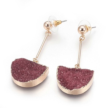 Natural Druzy Quartz Dangle Stud Earrings, with Golden Tone Brass Findings, Half Round, Brown, 56mm, Pin: 0.7mm