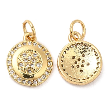 Brass Micro Pave Cubic Zirconia Pendants, Flat Round with Star, Real 18K Gold Plated, 13x10x3mm, Hole: 3mm