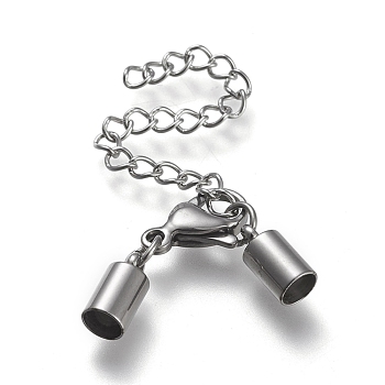 304 Stainless Steel Chain Extender, with Cord Ends, Curb Chains and Lobster Claw Clasps, Stainless Steel Color, 35mm long, Cord Ends: 9.5x4.5mm, 4mm inner diameter