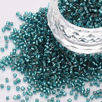 Glass Cylinder Beads, Seed Beads, Silver Lined, Round Hole, Teal, 1.5~2x1~2mm, Hole: 0.8mm, about 80000pcs/bag, about 1pound/bag