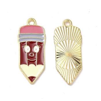 Alloy Enamel Pendants, Cadmium Free & Nickel Free & Lead Free, Golden, Pencil with Expression Charm, Dark Red, 24.5x10x1.5mm, Hole: 1.6mm