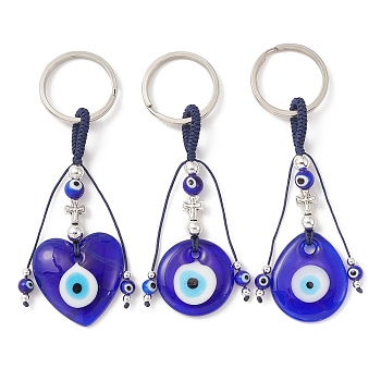 Handmade Lampwork Turkish Blue Evil Eye Pendant Keychain, with Iron Split Key Rings, Heart & Flat Round & Teardrop, Mixed Shapes, 10.6~11.2cm