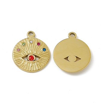 Vacuum Plating 201 Stainless Steel Pendants, Colorful Rhinestone Flat Round with Eye Pattern Charms, Real 18K Gold Plated, 22x18.5x2mm, Hole: 1.6mm